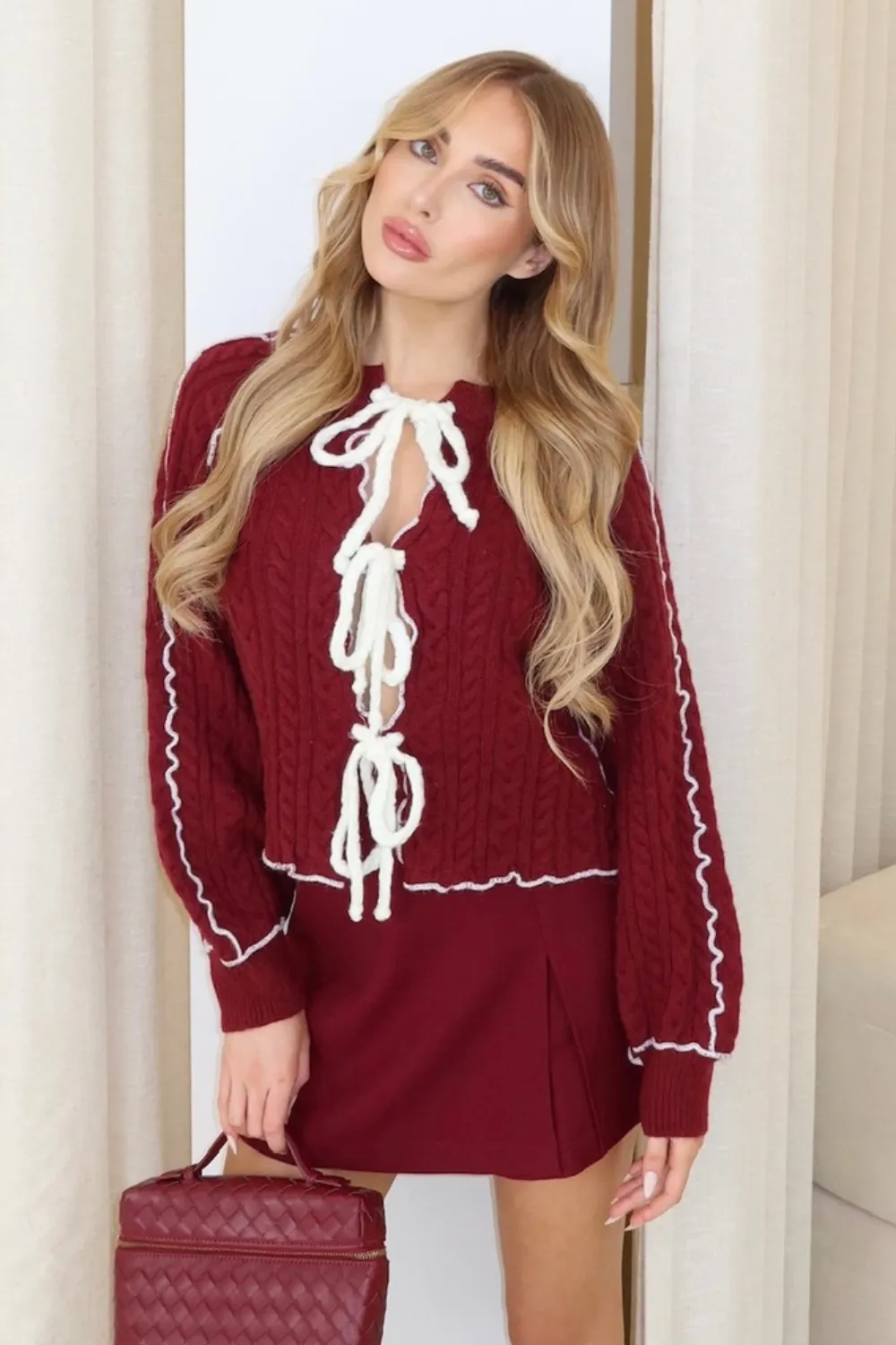 Darcie burgundy tie front knit cardigan
