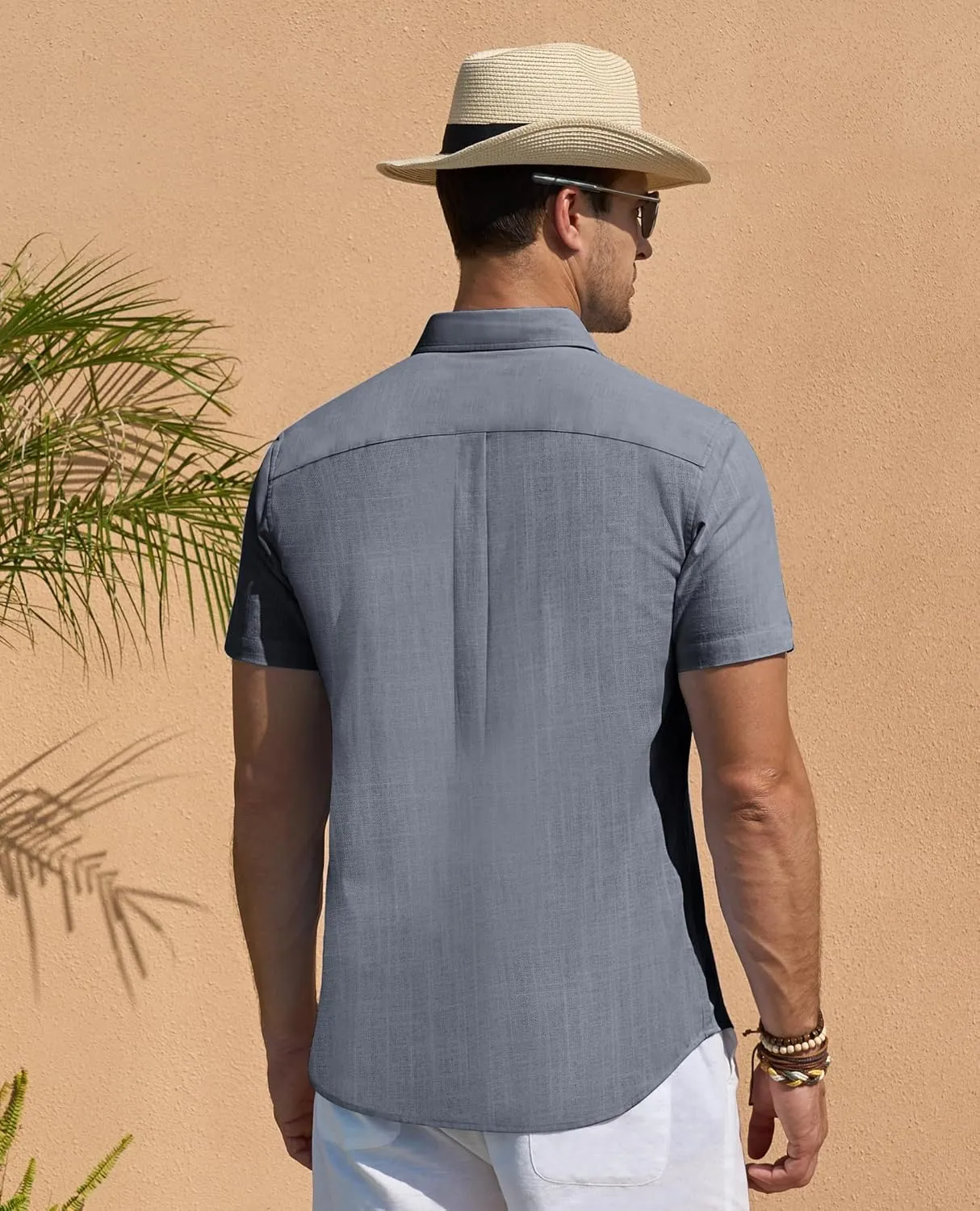 DEMEANOR Linen Shirts for Men Short Sleeve Button Down Shirts Summer Beach Casual Linen Button Up Shirt Vacation Wedding