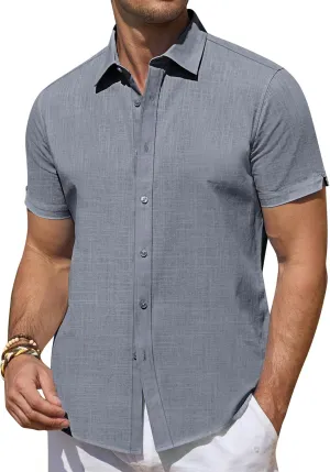 DEMEANOR Linen Shirts for Men Short Sleeve Button Down Shirts Summer Beach Casual Linen Button Up Shirt Vacation Wedding