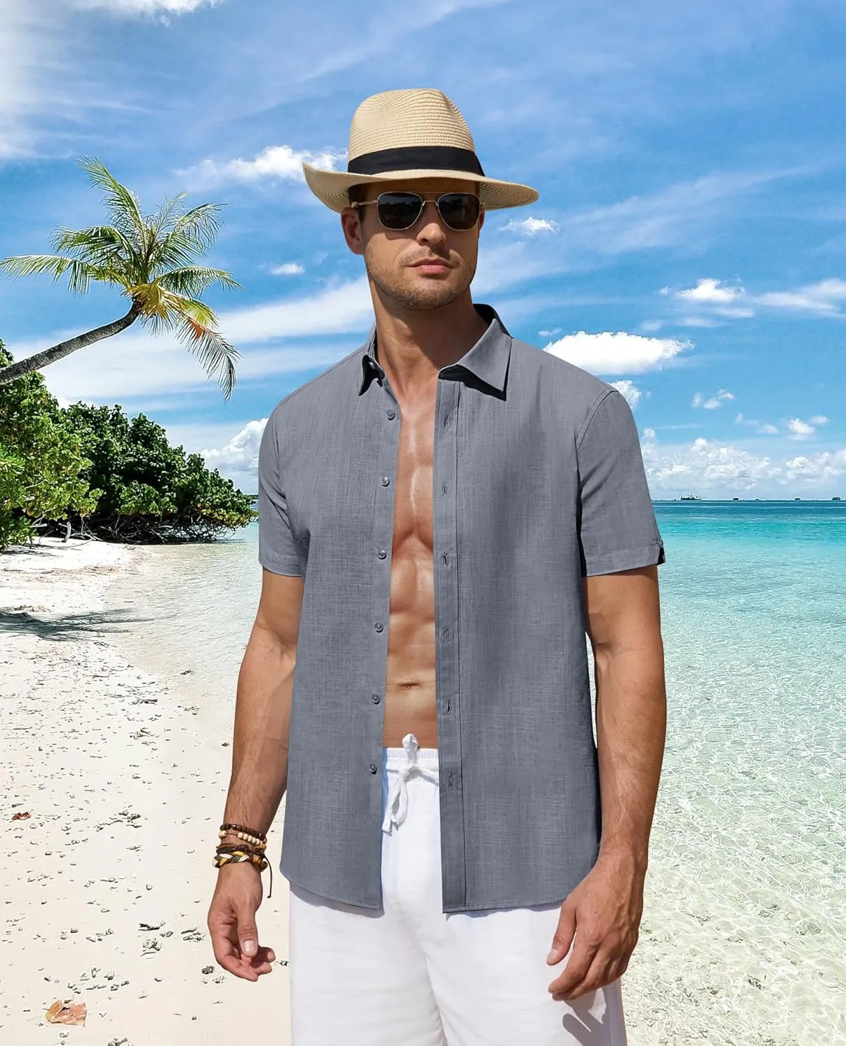 DEMEANOR Linen Shirts for Men Short Sleeve Button Down Shirts Summer Beach Casual Linen Button Up Shirt Vacation Wedding