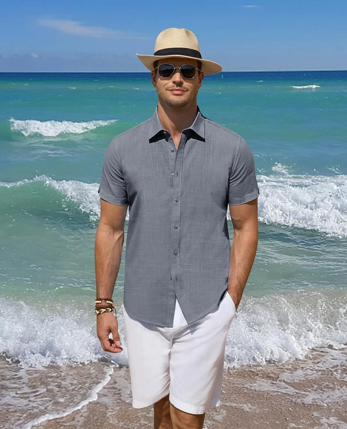 DEMEANOR Linen Shirts for Men Short Sleeve Button Down Shirts Summer Beach Casual Linen Button Up Shirt Vacation Wedding