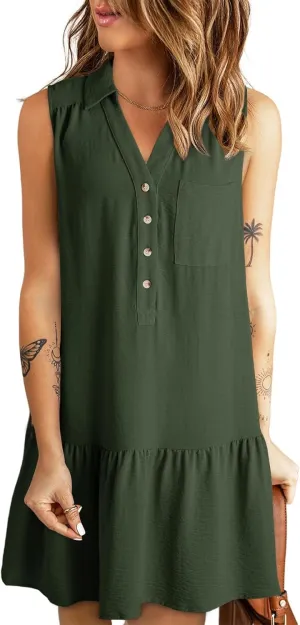 Dokotoo Womens Dresses 2025 Spring Summer V-Neck Button Up Sleeveless Mini Sundress Tank Dresses with Pockets