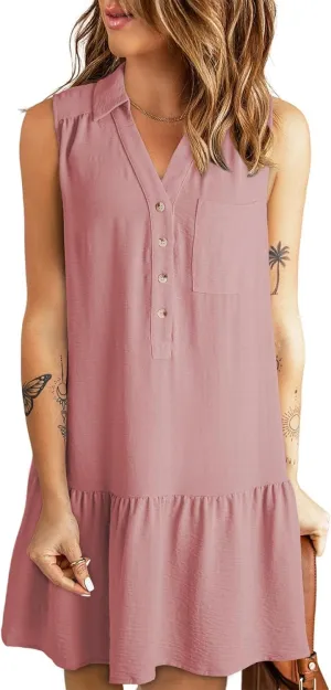 Dokotoo Womens Dresses 2025 Spring Summer V-Neck Button Up Sleeveless Mini Sundress Tank Dresses with Pockets