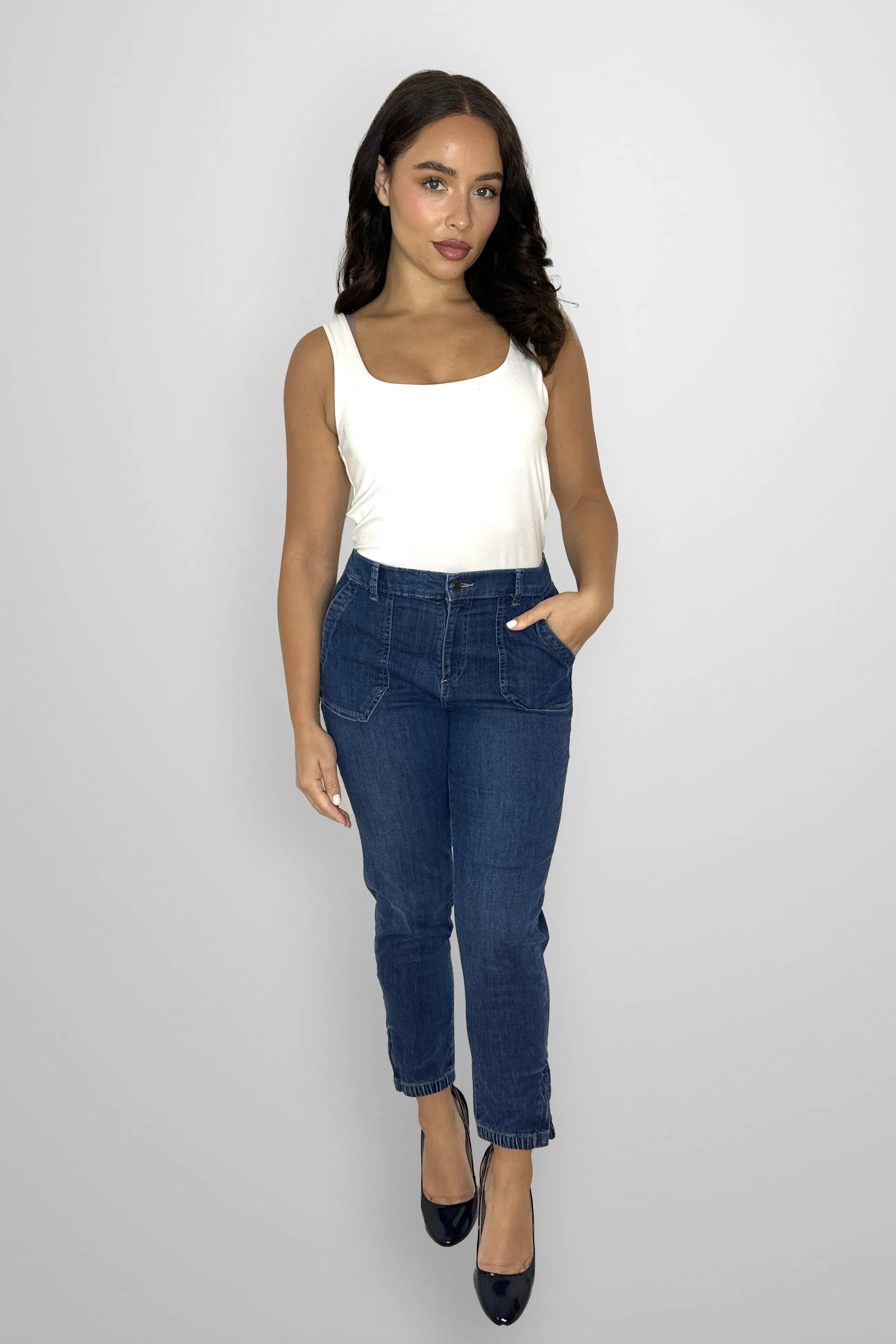 Elasticated Waist Tapered Leg Denim Trousers