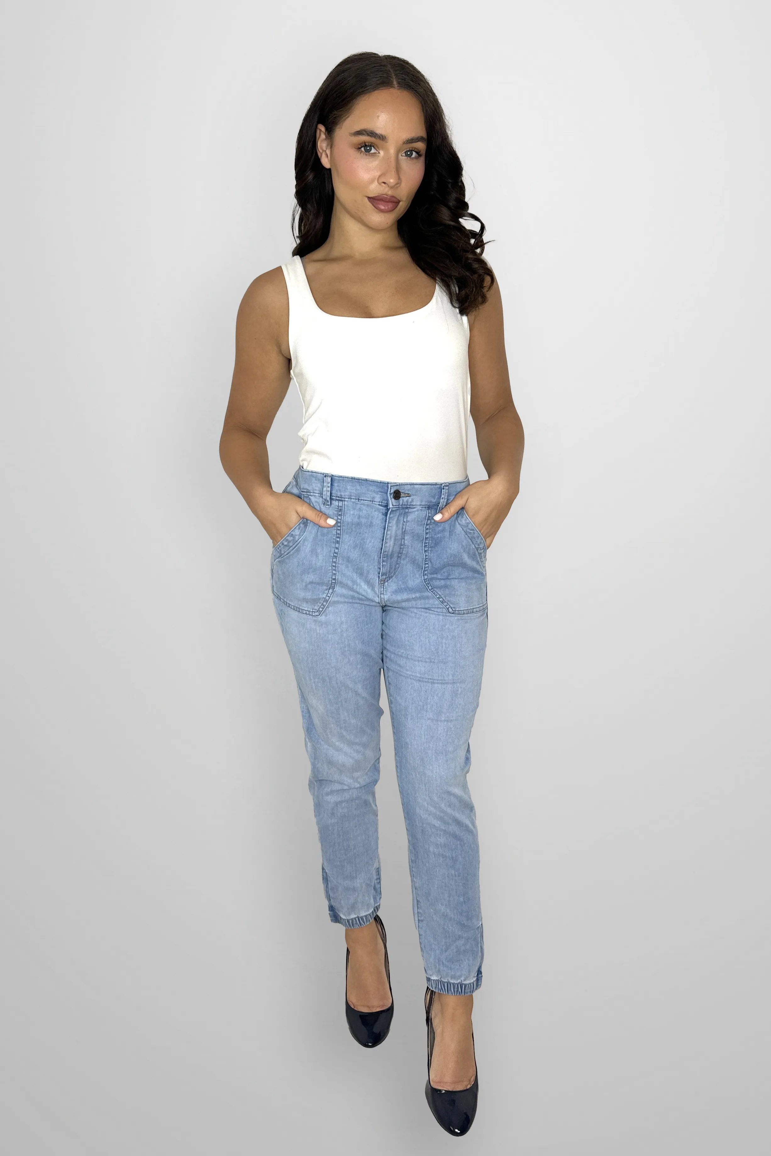 Elasticated Waist Tapered Leg Denim Trousers