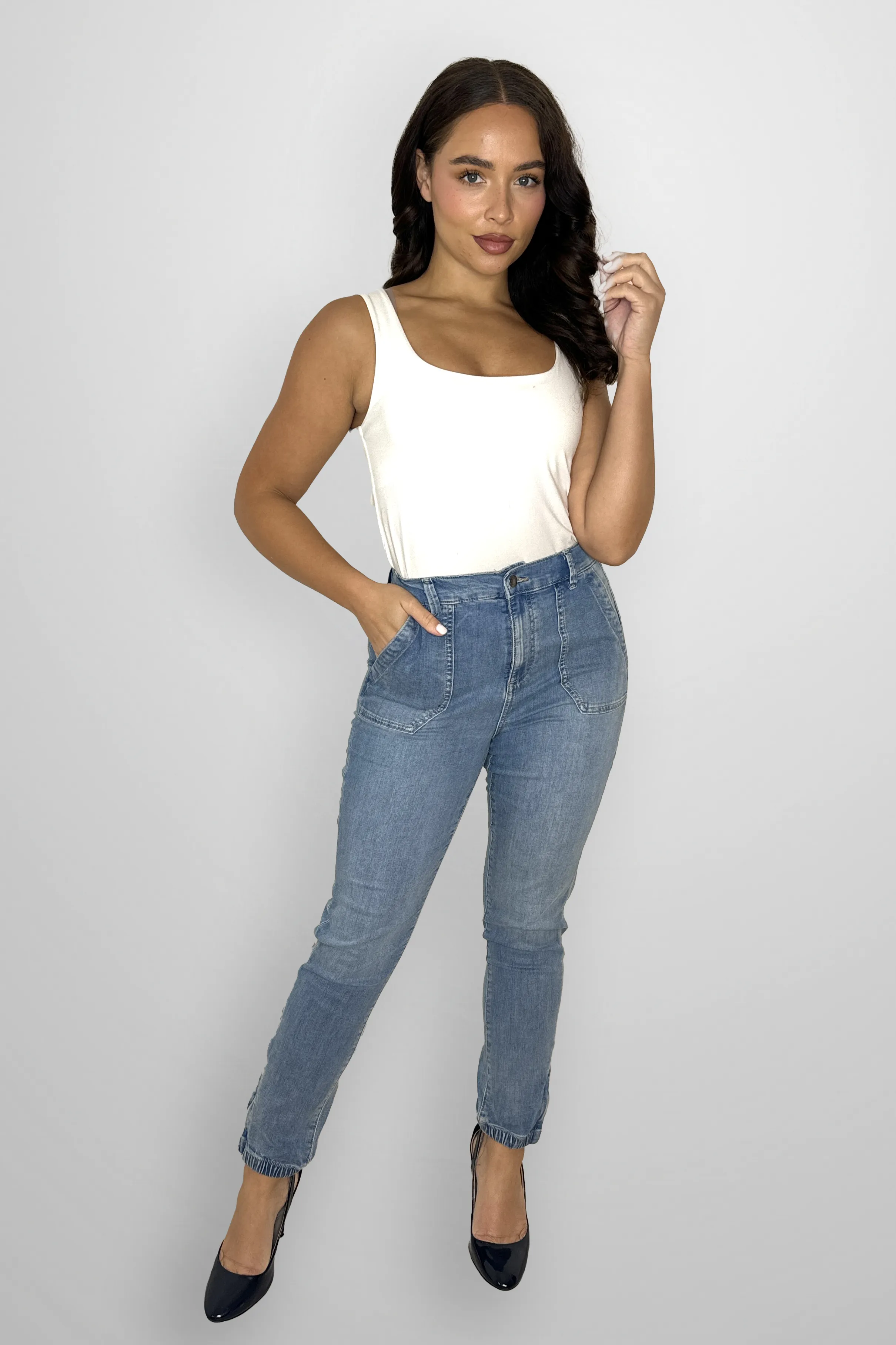 Elasticated Waist Tapered Leg Denim Trousers