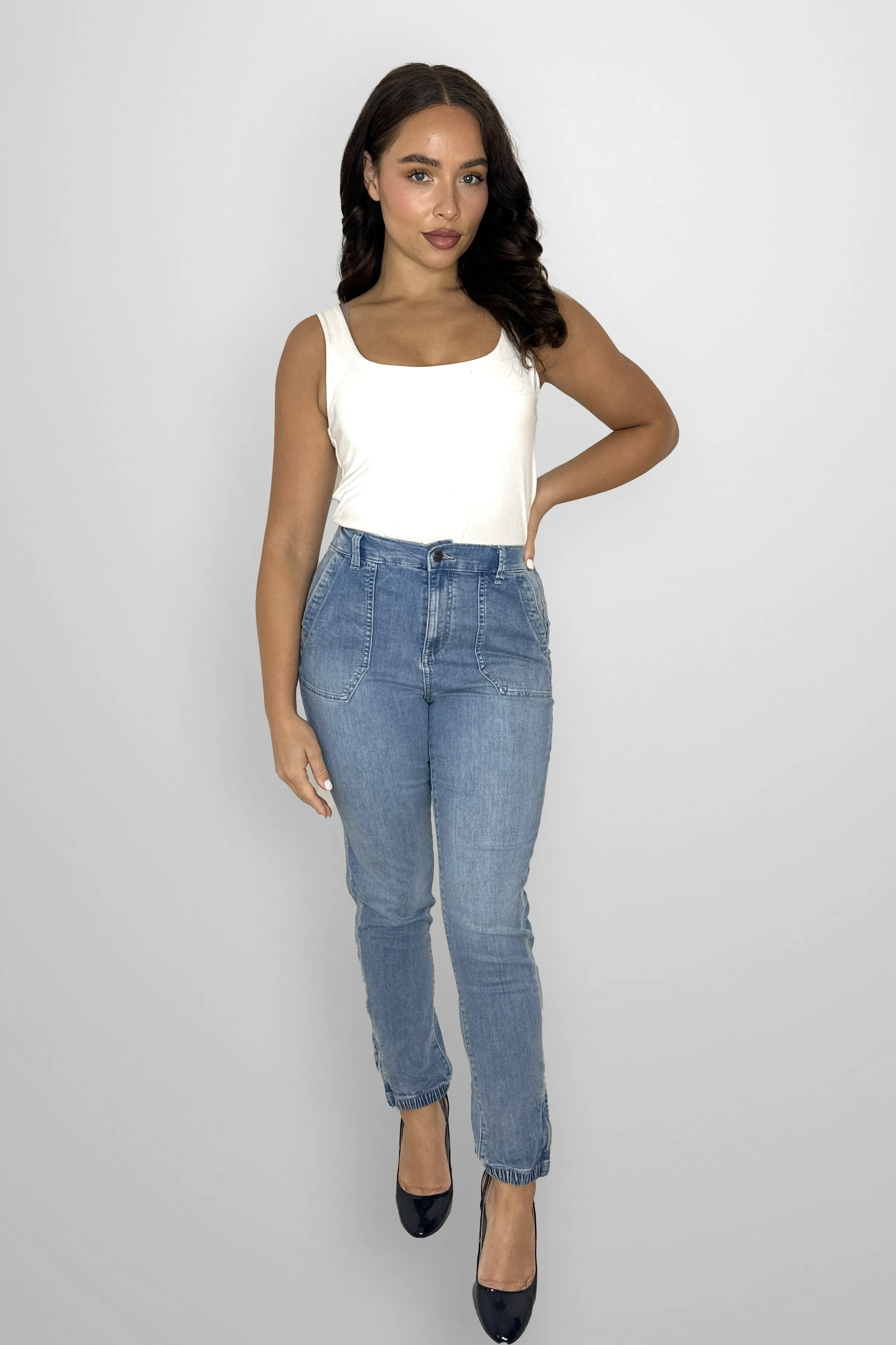 Elasticated Waist Tapered Leg Denim Trousers