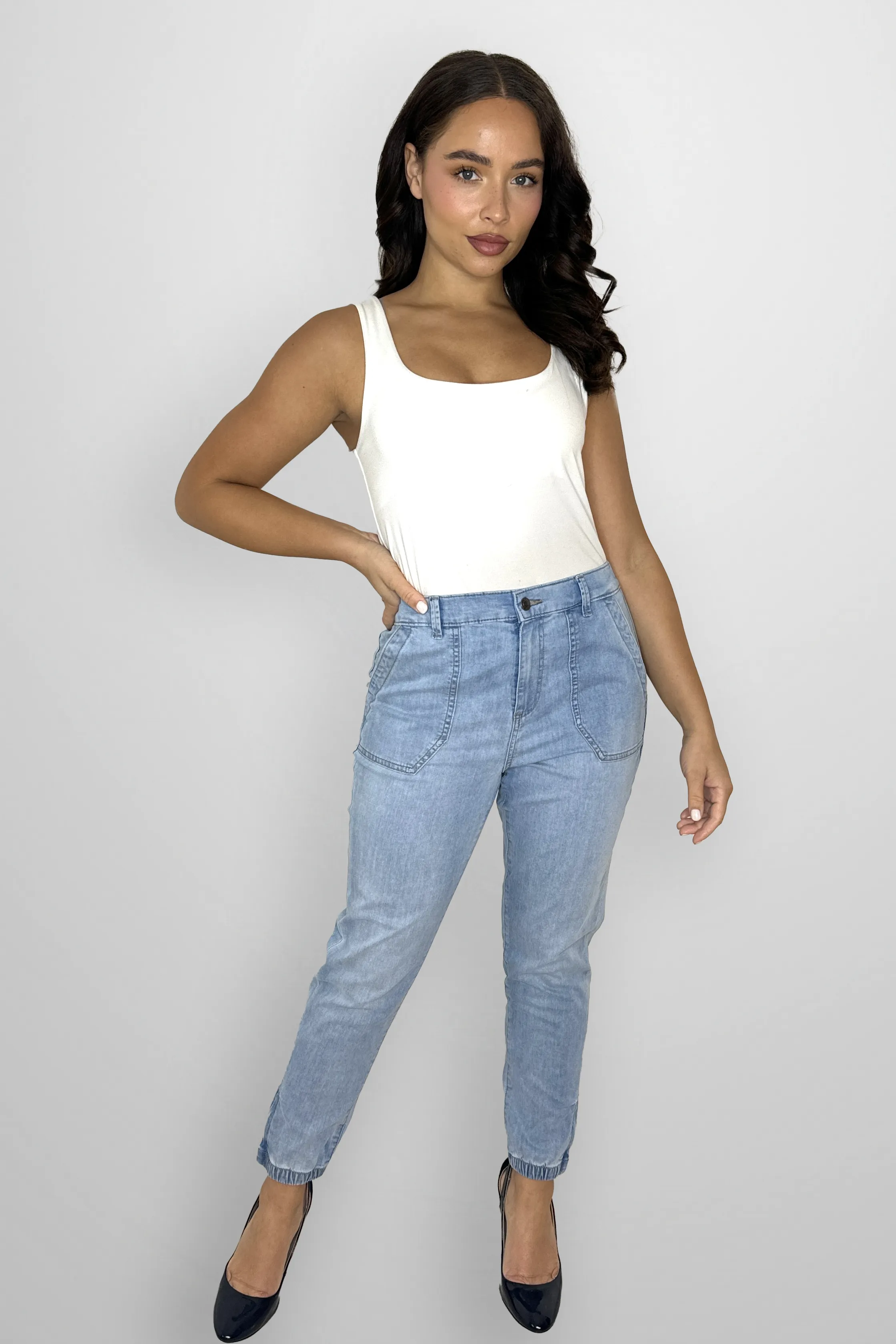 Elasticated Waist Tapered Leg Denim Trousers