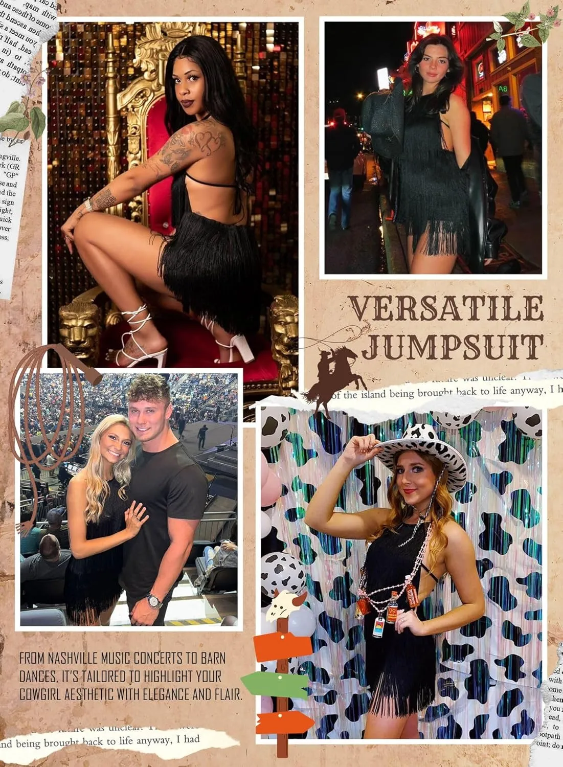 EVELUST Womens Country Concert Fringe Dress - Western Cowgirl Outfit Backless Halter Elastic Jumpsuit Rodeo Festival Romper