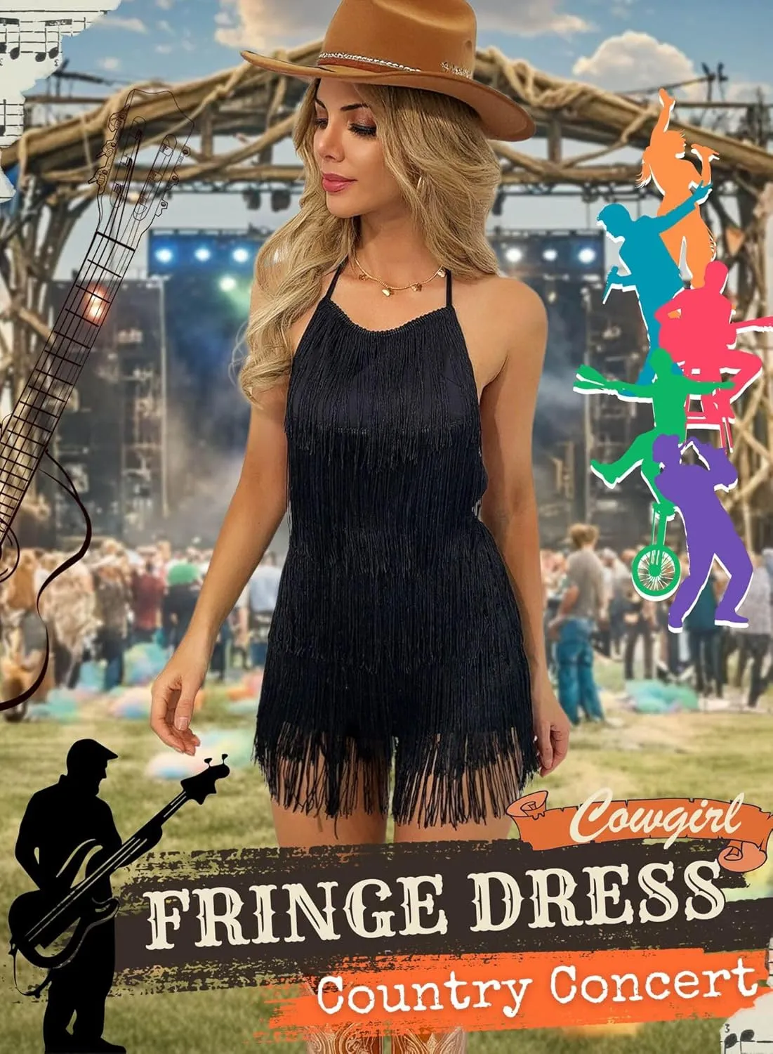 EVELUST Womens Country Concert Fringe Dress - Western Cowgirl Outfit Backless Halter Elastic Jumpsuit Rodeo Festival Romper