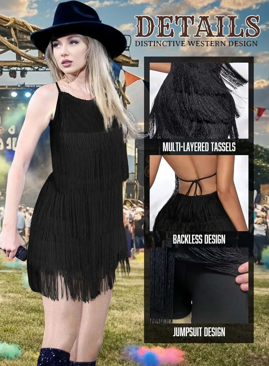 EVELUST Womens Country Concert Fringe Dress - Western Cowgirl Outfit Backless Halter Elastic Jumpsuit Rodeo Festival Romper