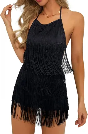 EVELUST Womens Country Concert Fringe Dress - Western Cowgirl Outfit Backless Halter Elastic Jumpsuit Rodeo Festival Romper