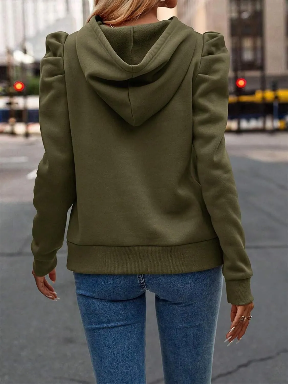 Fall Puff Sleeve Sweatshirt For Women Casual Long Latern Sleeve Drawstring Hooded Pullover