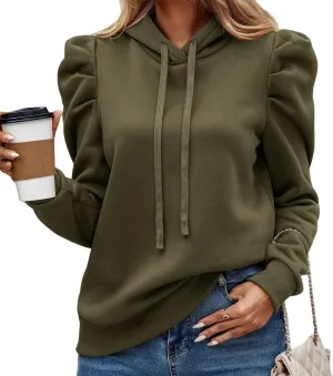 Fall Puff Sleeve Sweatshirt For Women Casual Long Latern Sleeve Drawstring Hooded Pullover