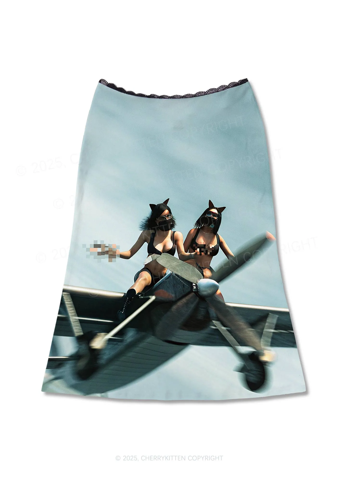 Girls Airplane Race Y2K Print Midi Skirt Cherrykitten