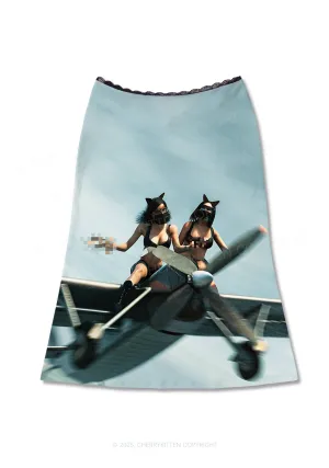 Girls Airplane Race Y2K Print Midi Skirt Cherrykitten