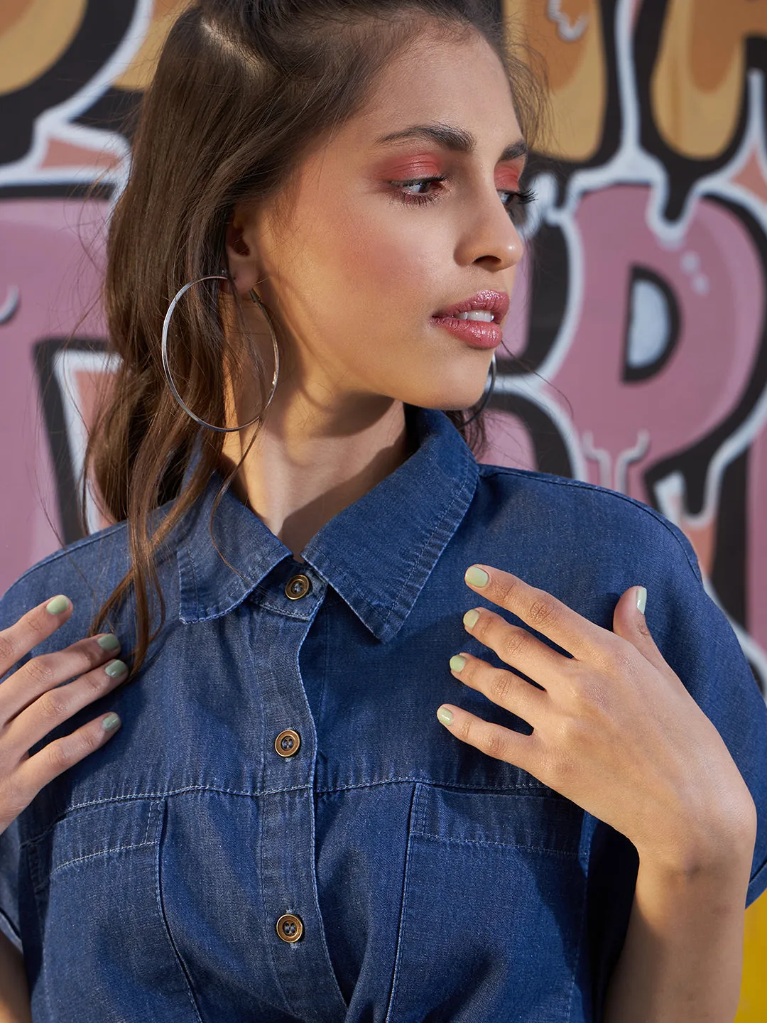 Girls Blue Tencel Crop Oversized Shirt Style Top