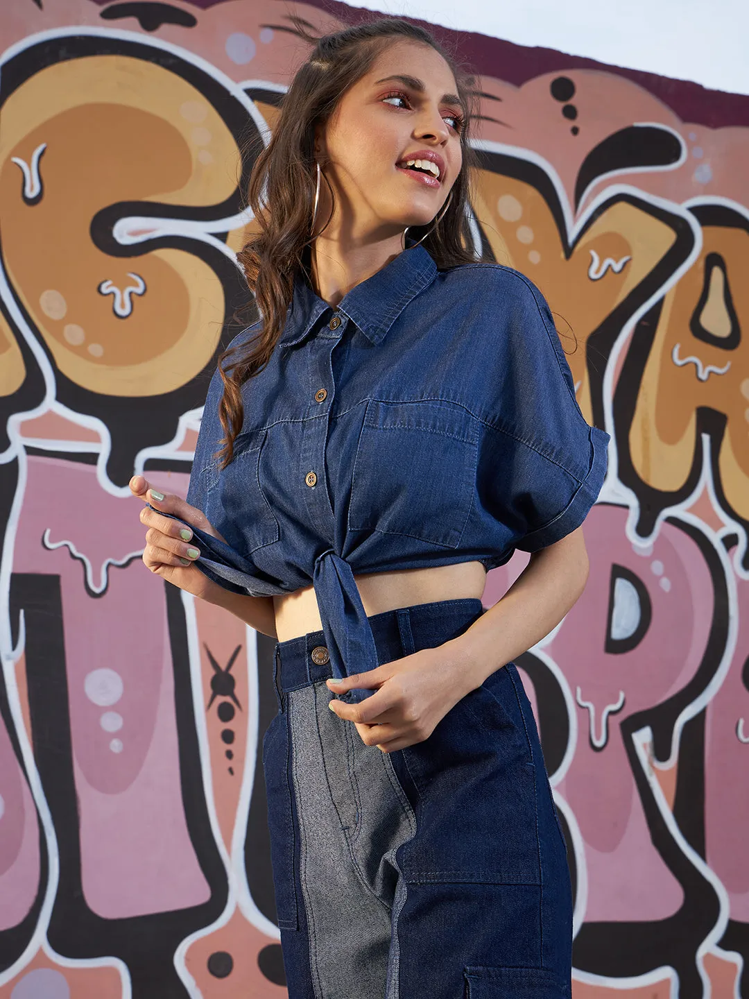 Girls Blue Tencel Crop Oversized Shirt Style Top