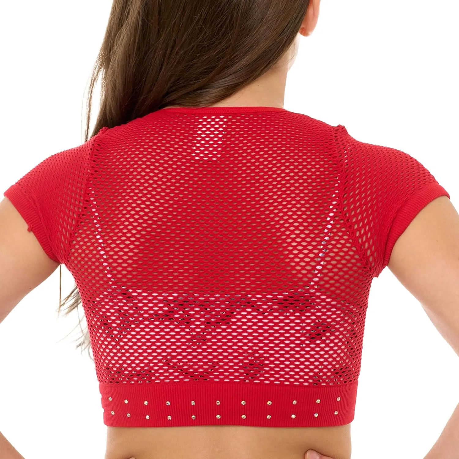 Girls Short Sleeve Mesh Crop Top with Sparkling Rhinestones - Breathable Dance Style Mesh Top for Girls Age 7-14