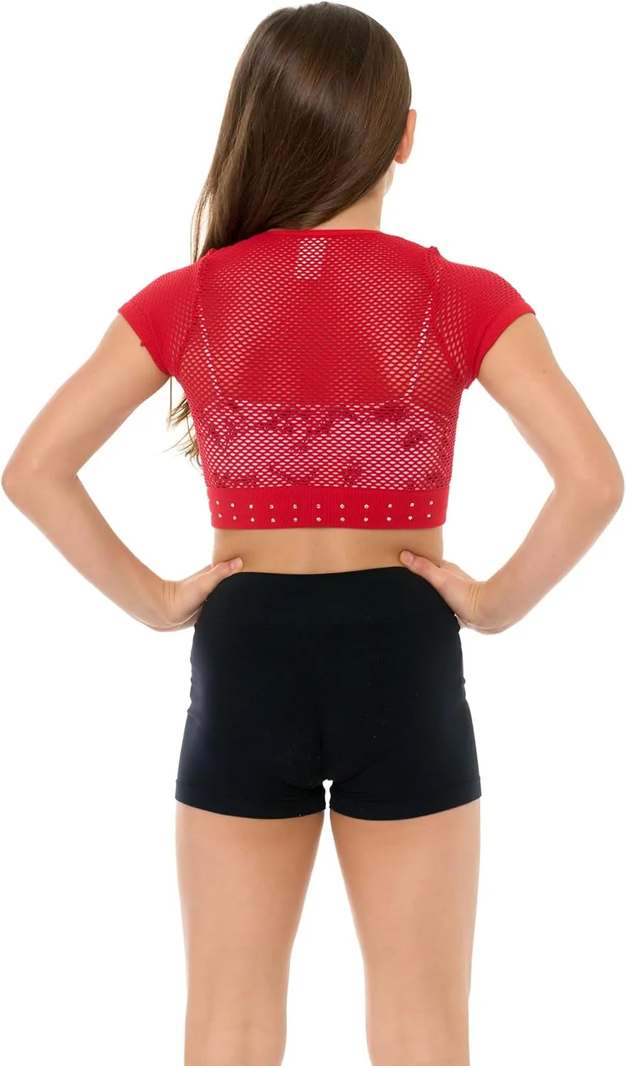 Girls Short Sleeve Mesh Crop Top with Sparkling Rhinestones - Breathable Dance Style Mesh Top for Girls Age 7-14