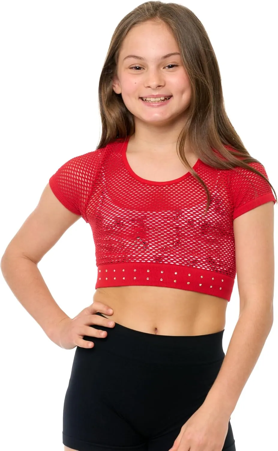 Girls Short Sleeve Mesh Crop Top with Sparkling Rhinestones - Breathable Dance Style Mesh Top for Girls Age 7-14