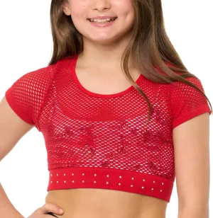 Girls Short Sleeve Mesh Crop Top with Sparkling Rhinestones - Breathable Dance Style Mesh Top for Girls Age 7-14
