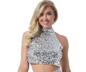 Glitter Sequin High Neck Sleeveless Crop Top