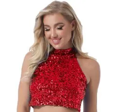 Glitter Sequin High Neck Sleeveless Crop Top