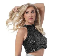 Glitter Sequin High Neck Sleeveless Crop Top