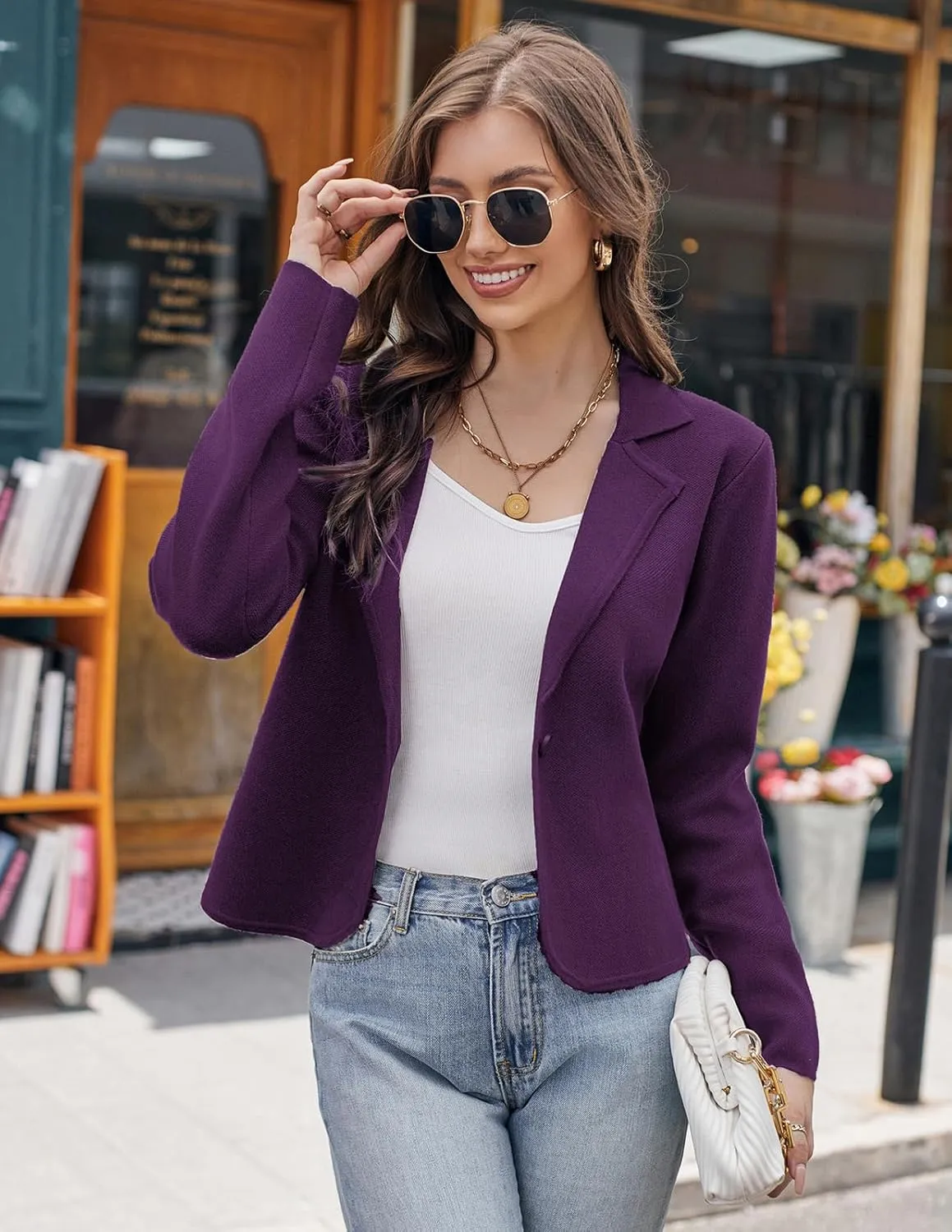GRACE KARIN Women Sweater Blazer Casual Work Croppped Cardigan Lightweight Button Front Short Knit Blazer Jacket S-XXL