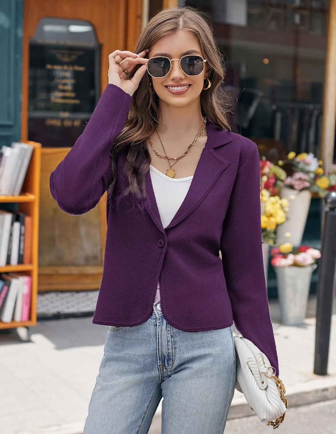 GRACE KARIN Women Sweater Blazer Casual Work Croppped Cardigan Lightweight Button Front Short Knit Blazer Jacket S-XXL