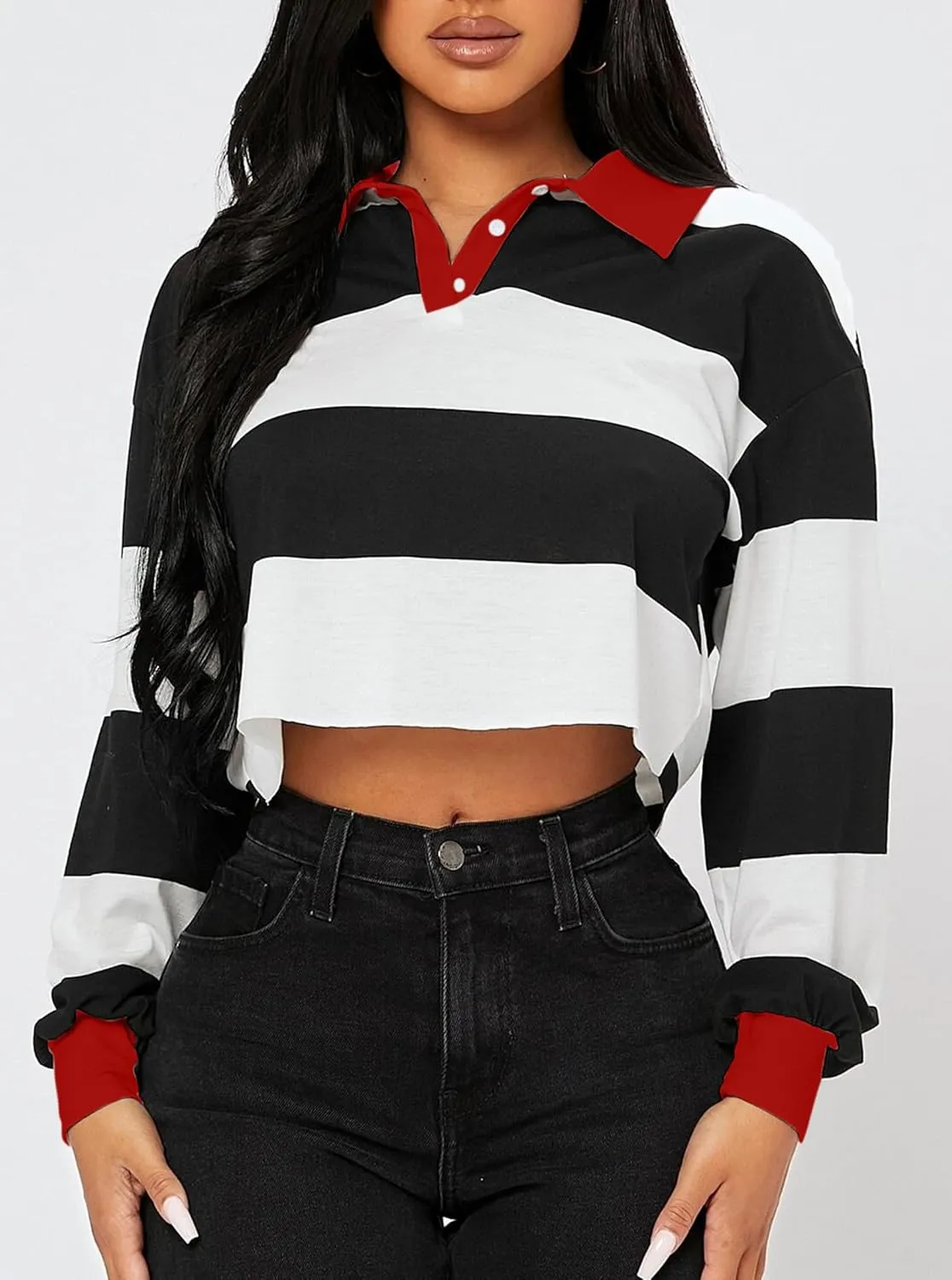 Hilinker Womens Striped Cropped Sweatshirt Polo Collar Long Sleeve Top Loose Pullover