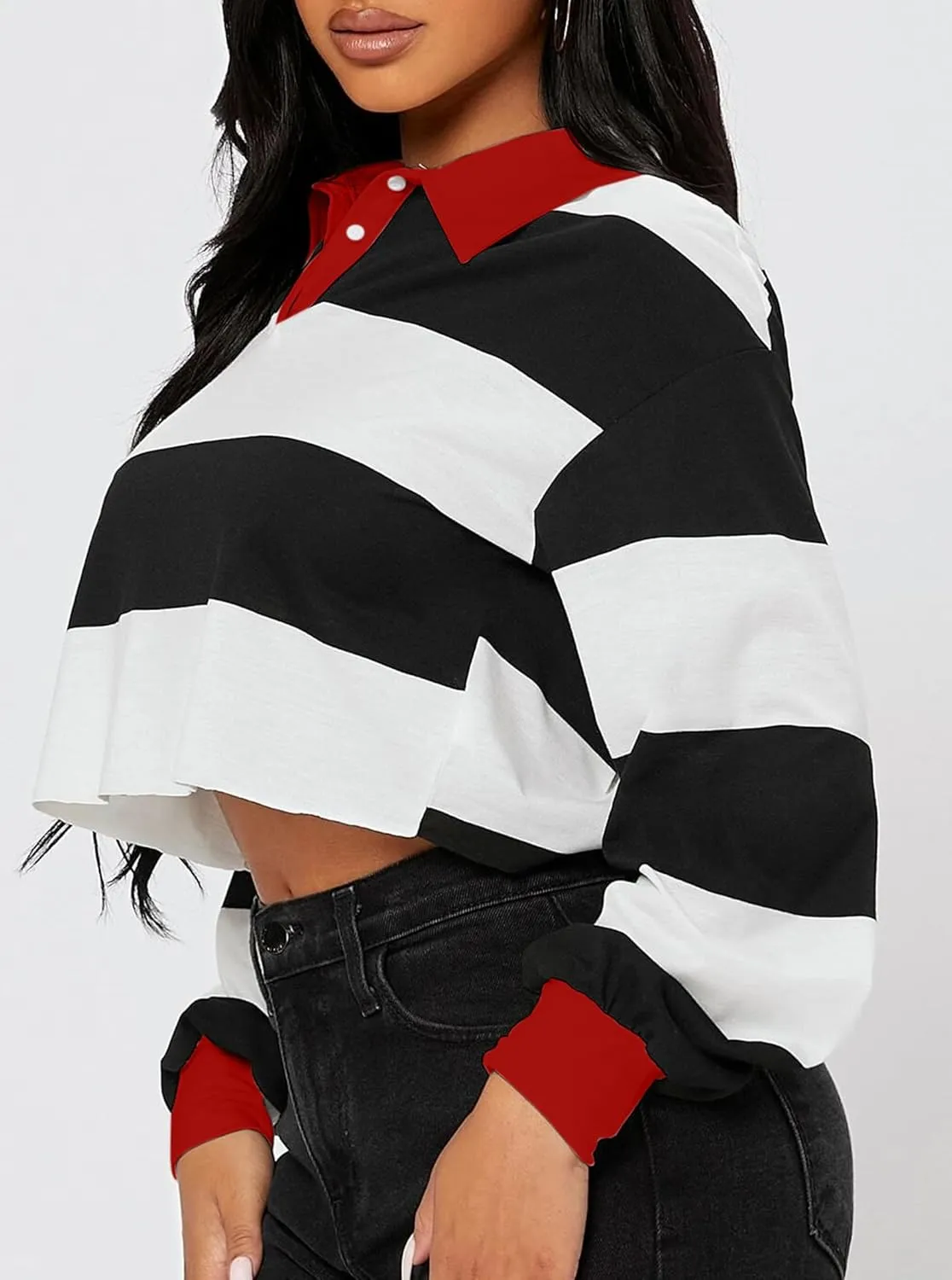 Hilinker Womens Striped Cropped Sweatshirt Polo Collar Long Sleeve Top Loose Pullover