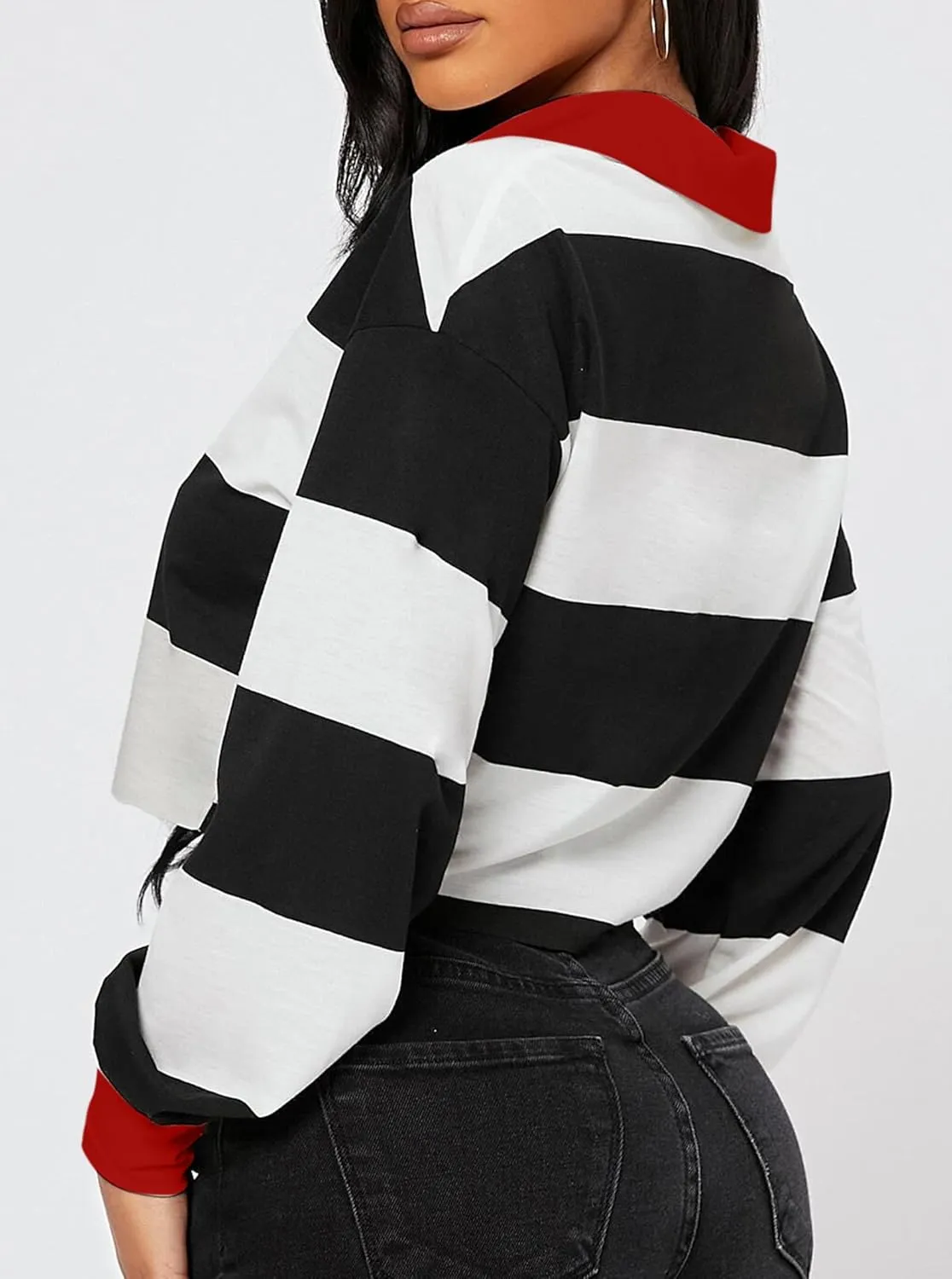 Hilinker Womens Striped Cropped Sweatshirt Polo Collar Long Sleeve Top Loose Pullover