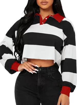 Hilinker Womens Striped Cropped Sweatshirt Polo Collar Long Sleeve Top Loose Pullover