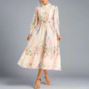 Hit Color Print Elegant A Line Dresses For Women Stand Collar Long Sleeve High Waist Spliced Belt Temperament Dress Female