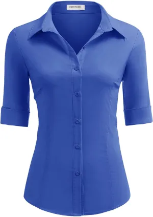 HOTOUCH Women's Basic Button Down Shirts 3/4 Sleeve Stretch Button Up Dress Shirt Slim Fit Waitress Work Shirts