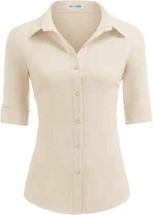 HOTOUCH Women's Basic Button Down Shirts 3/4 Sleeve Stretch Button Up Dress Shirt Slim Fit Waitress Work Shirts