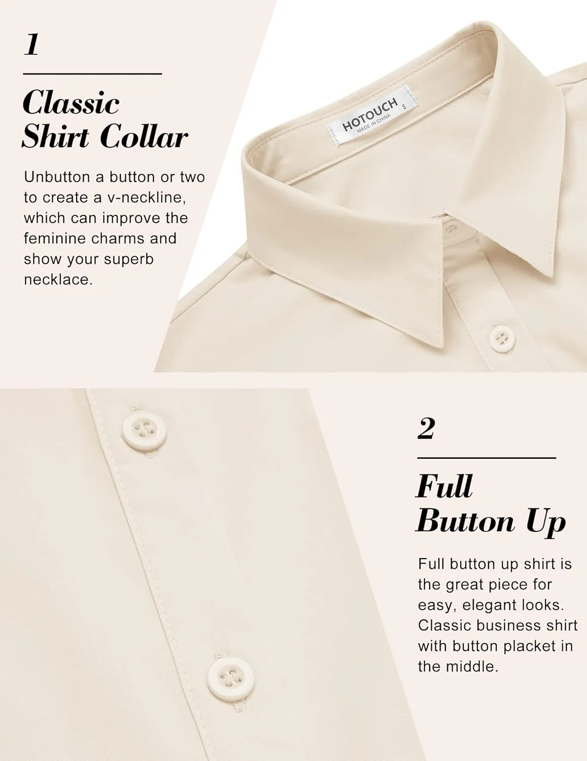 HOTOUCH Women's Basic Button Down Shirts 3/4 Sleeve Stretch Button Up Dress Shirt Slim Fit Waitress Work Shirts