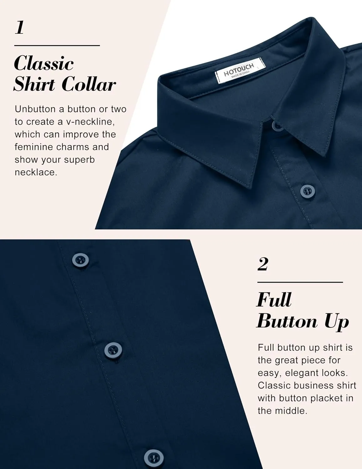 HOTOUCH Women's Basic Button Down Shirts 3/4 Sleeve Stretch Button Up Dress Shirt Slim Fit Waitress Work Shirts