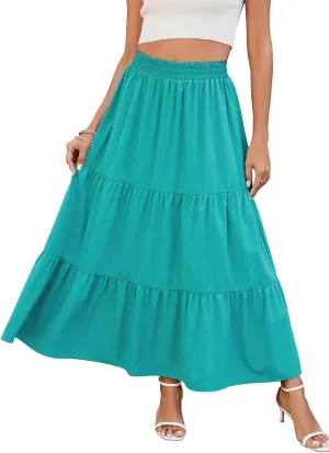 HUSKARY Women Summer Midi Skirt Casual Elastic High Waist Pleated A-Line Flowy Swing Tiered Beach Vacation Skirts