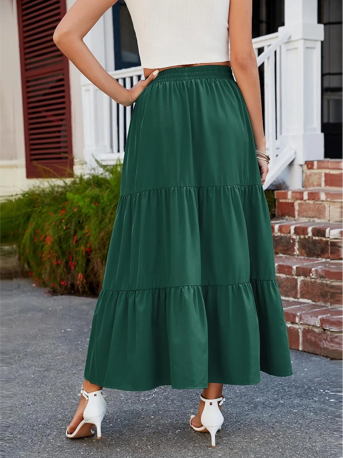 HUSKARY Women Summer Midi Skirt Casual Elastic High Waist Pleated A-Line Flowy Swing Tiered Beach Vacation Skirts