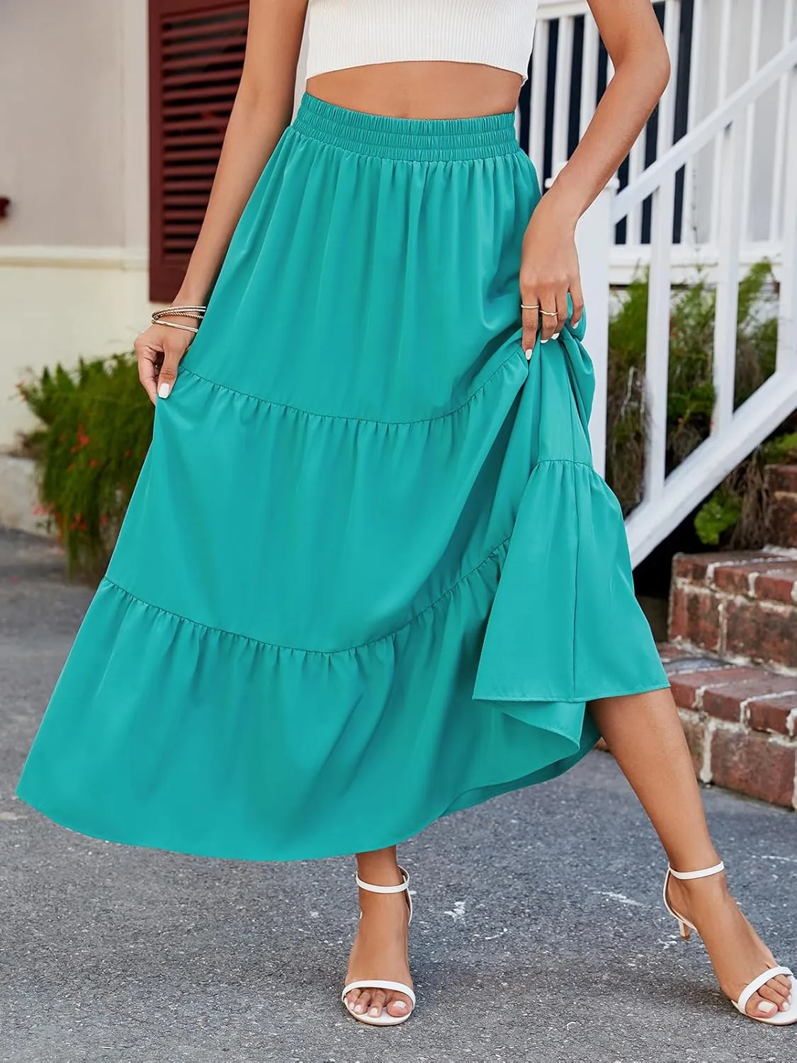 HUSKARY Women Summer Midi Skirt Casual Elastic High Waist Pleated A-Line Flowy Swing Tiered Beach Vacation Skirts