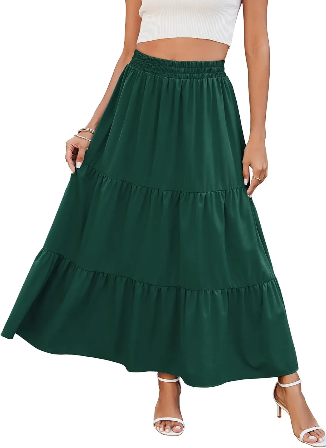 HUSKARY Women Summer Midi Skirt Casual Elastic High Waist Pleated A-Line Flowy Swing Tiered Beach Vacation Skirts