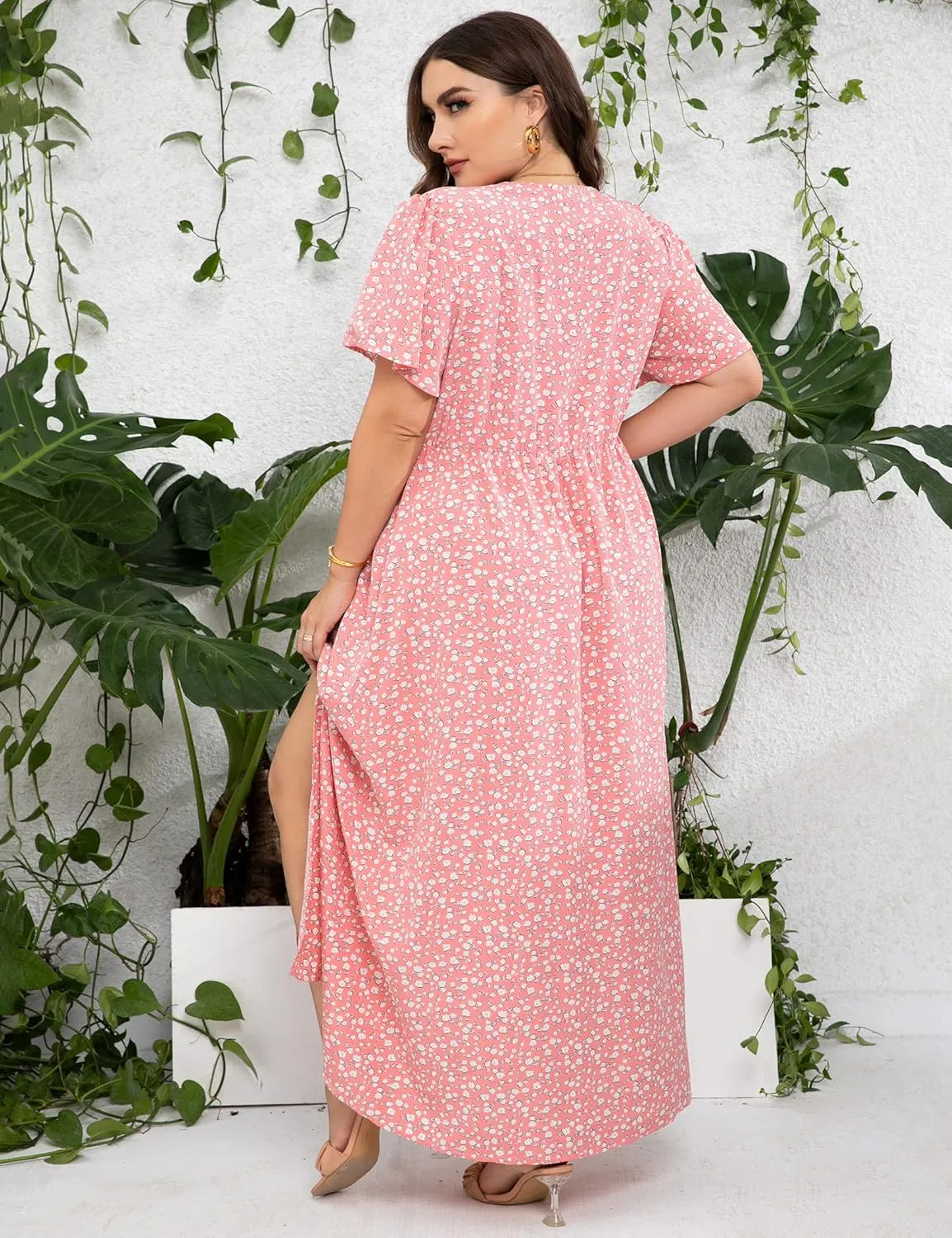 KOJOOIN Women's Wrap Maxi Short Flutter Sleeves Empire Waist Split a Line Boho Casual Dress