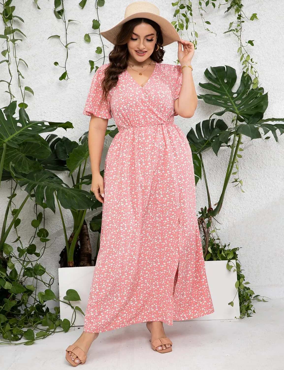 KOJOOIN Women's Wrap Maxi Short Flutter Sleeves Empire Waist Split a Line Boho Casual Dress