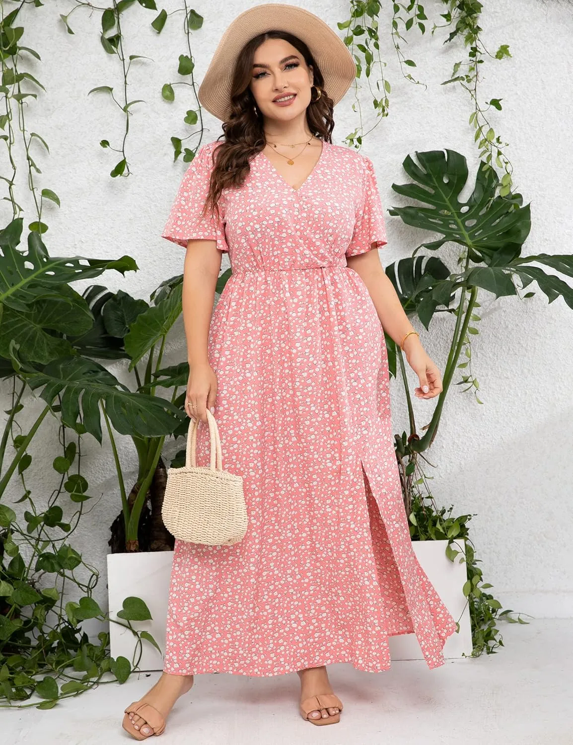 KOJOOIN Women's Wrap Maxi Short Flutter Sleeves Empire Waist Split a Line Boho Casual Dress