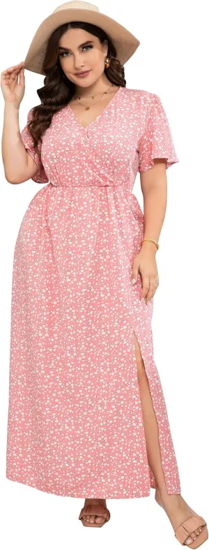 KOJOOIN Women's Wrap Maxi Short Flutter Sleeves Empire Waist Split a Line Boho Casual Dress