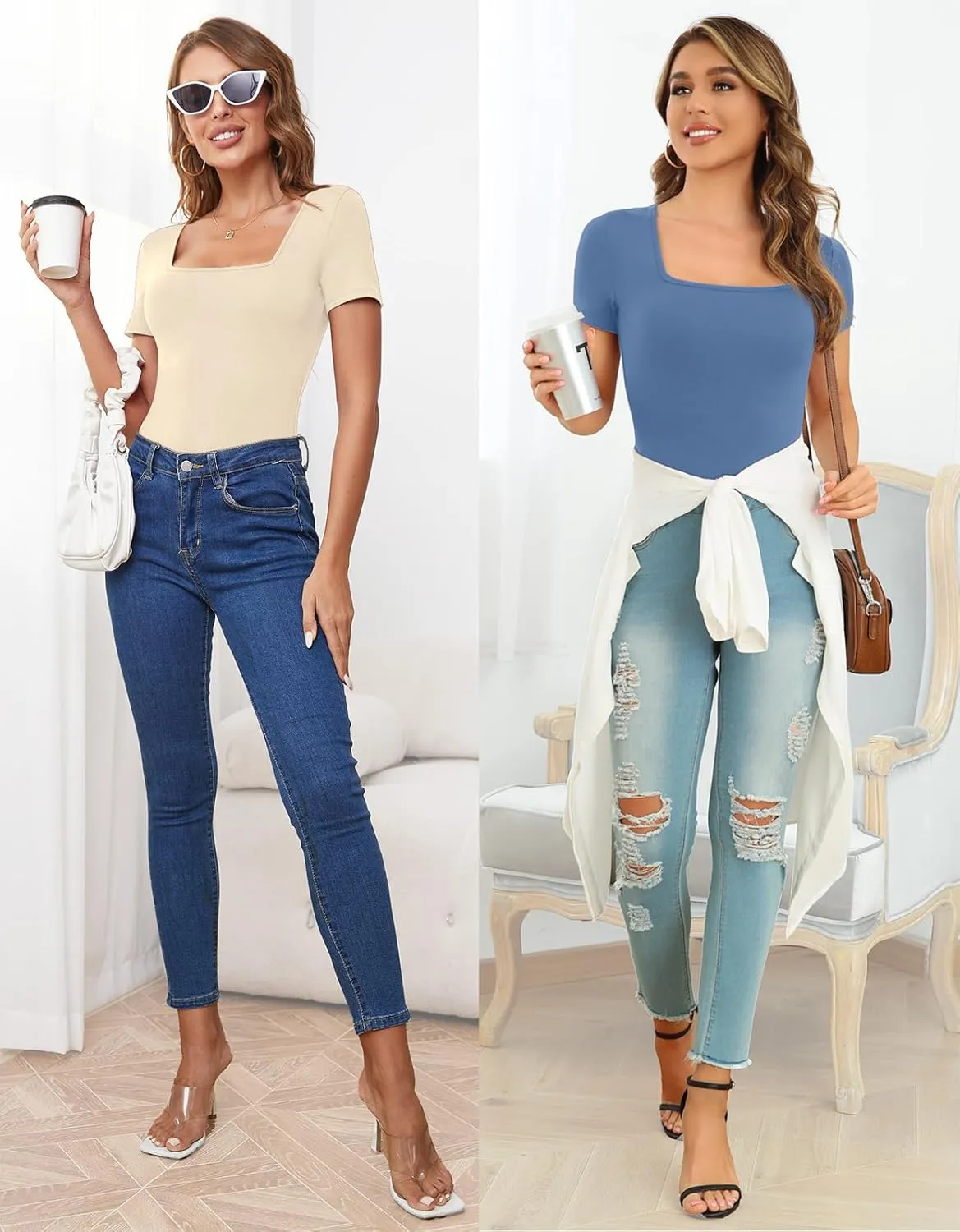 LAOLASI Women's Square Neck Bodysuit Short Sleeves Slim Fit Basic Stretchy Body suit Double Lined Shirt Tops