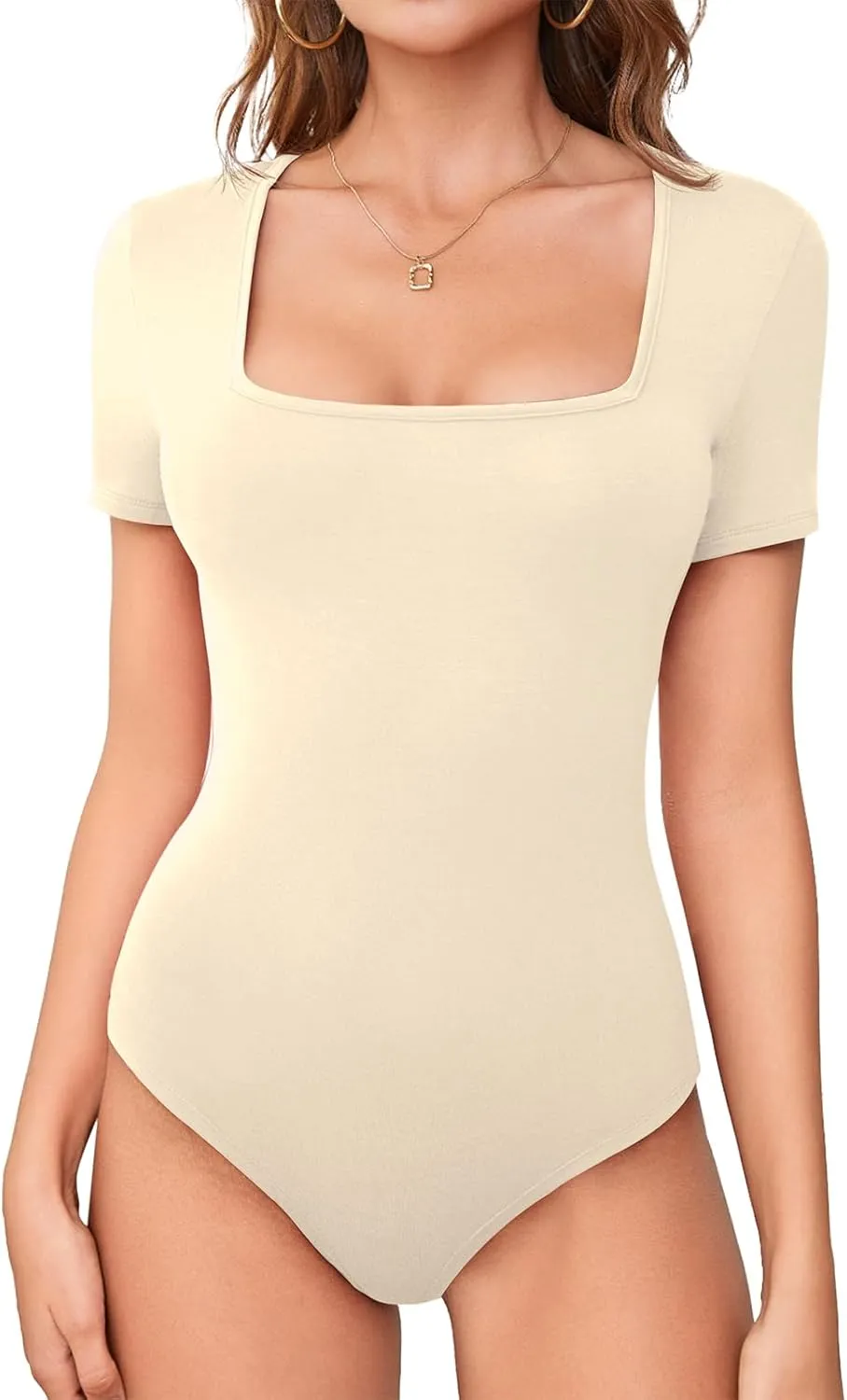 LAOLASI Women's Square Neck Bodysuit Short Sleeves Slim Fit Basic Stretchy Body suit Double Lined Shirt Tops